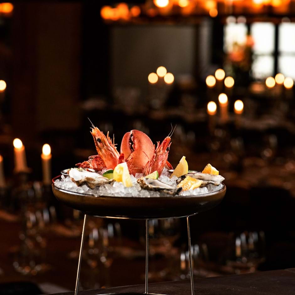 lobster and oysters on ice